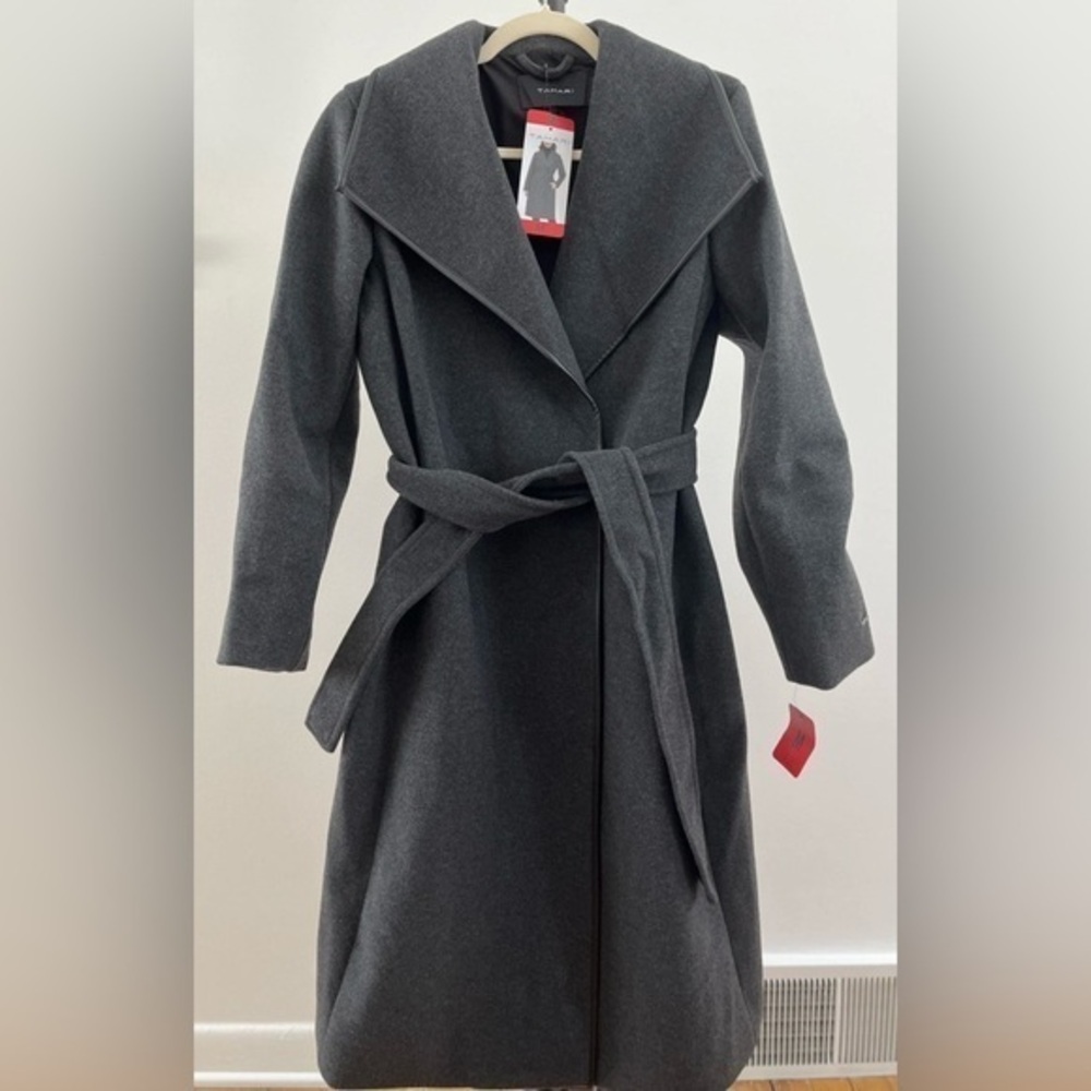 NWT Tahari Gray Belted Mid Length Coat Size Small